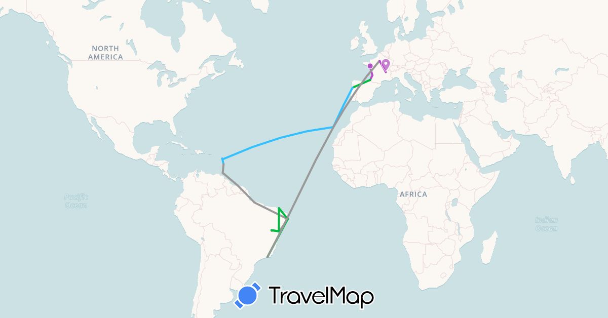 TravelMap itinerary: driving, bus, plane, train, hiking, boat, motorbike in Brazil, Spain, France, Saint Lucia, Portugal, Suriname, Trinidad and Tobago (Europe, North America, South America)